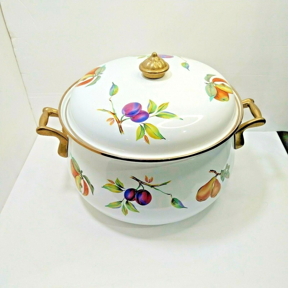Vintage Tabletops Unlimited Enamel Fruit Pattern Pot w/Lid Brass Hardware